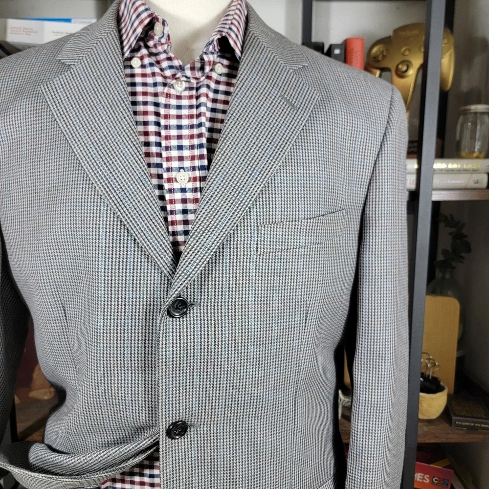 Jones New York Men's Sport Coat Three Button Gray Houndstooth Silk Wool Size 40L